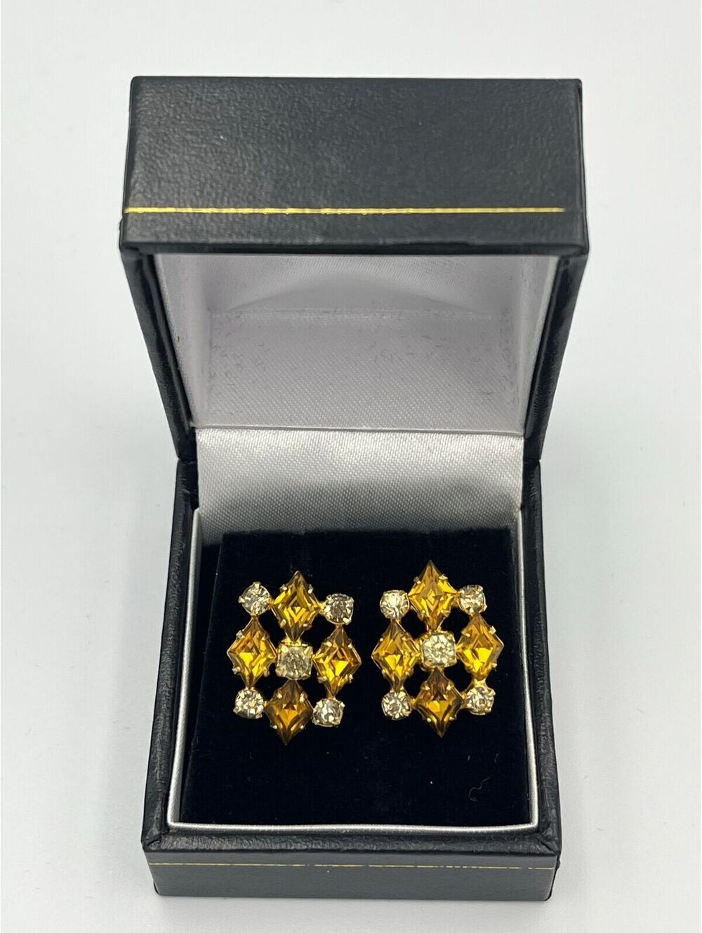 Vintage Signed Sherman Golden Topaz & Clear Rhinestone Screw-Back Earrings